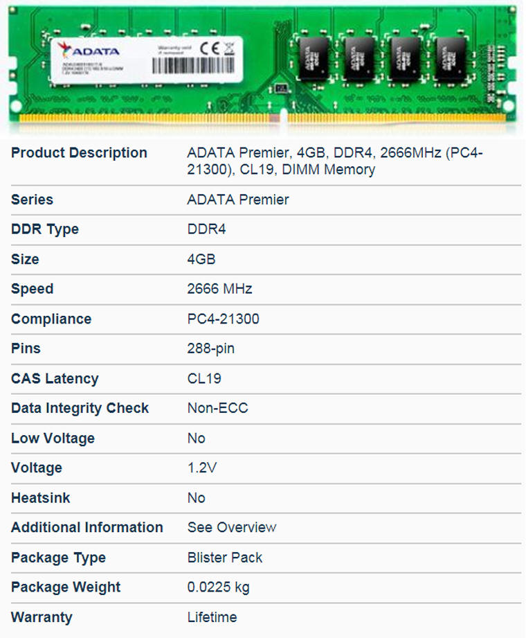 A-DATA 4GB DDR4 2666MHz pc4-21300